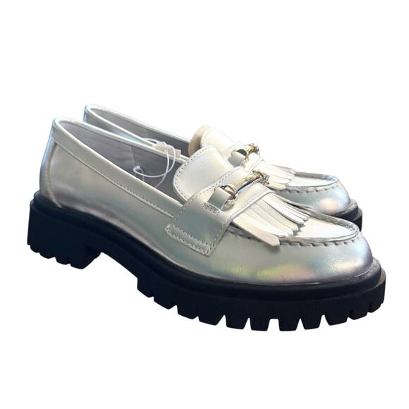 Old Navy ON Faux Leather Chunky Heel Loafers Silver 90s Y2K Retro Style 9 NWT - Picture 1 of 14